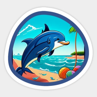 Happy blue dolphin playing on the beach Sticker